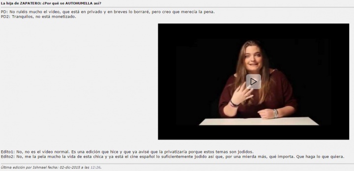 Imagen - La hija de Zapatero se hace youtuber y Forocoches hace que borre el vídeo