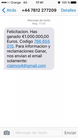 Imagen - &quot;Felicitacion. Has ganado €1.000.000,00 Euros&quot;, otro peligroso SMS