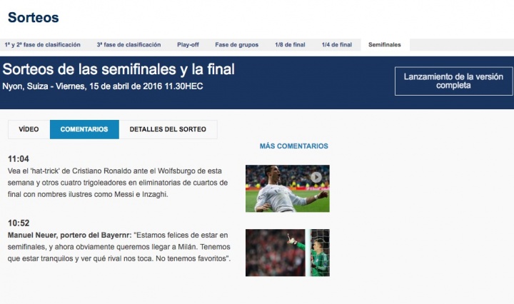 Imagen - Cómo ver el sorteo de la Champions League de semifinales en Internet