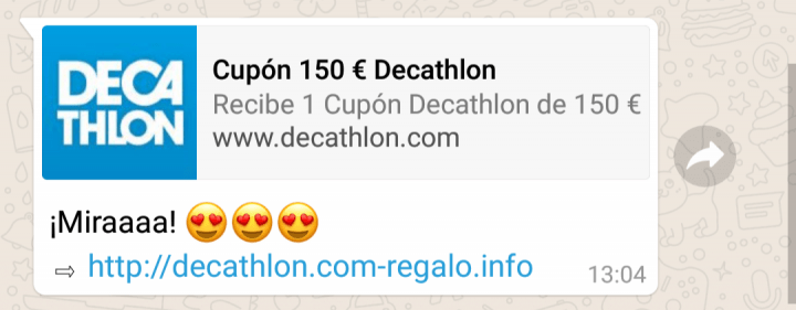 Imagen - Cuidado con el cupón de 150 euros para Decathlon que circula en WhatsApp