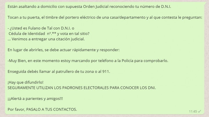 Imagen - Un viral de WhatsApp advierte de asaltos a domicilio con una orden judicial