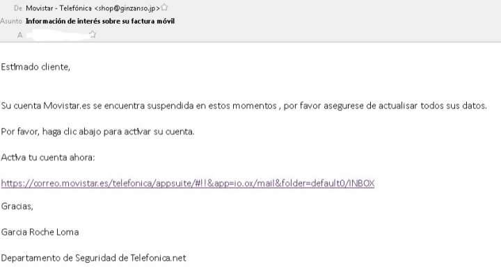 Imagen - Nuevo correo con una factura falsa de Movistar que intenta robarte datos