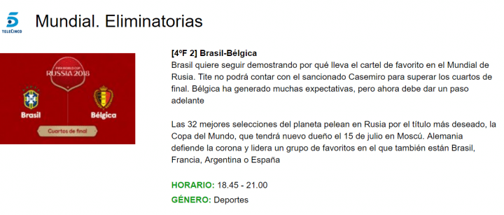 Imagen - Dónde seguir online el partido Brasil - Bélgica del Mundial 2018