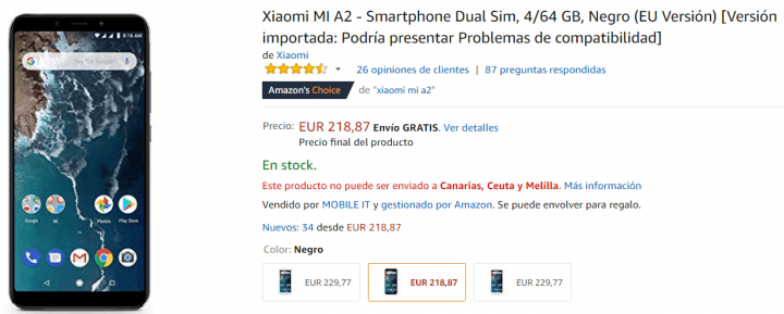 Imagen - Oferta: Xiaomi Mi A2 por 218,87 euros en Amazon