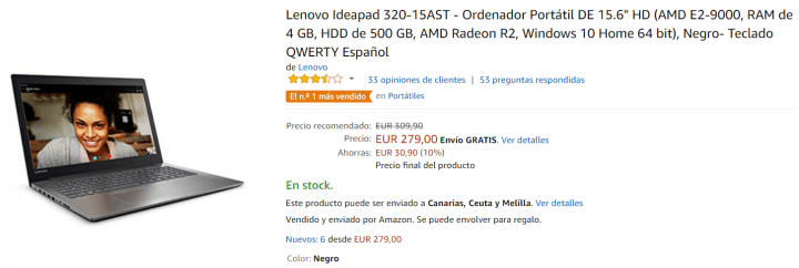 Imagen - Oferta: portátil Lenovo Ideapad de 15,6 pulgadas por solo 279 euros