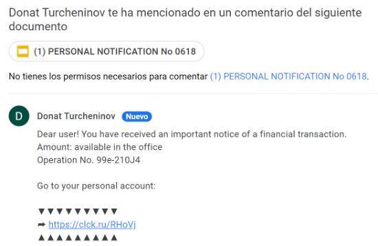 Imagen - Spam en Google Drive: &quot;notice of a financial transaction&quot;