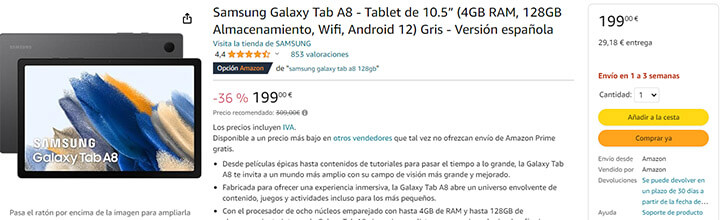 Imagen - No gastes más: compra la Samsung Galaxy Tab A8 de 10&quot; con 128 GB por 110 euros menos