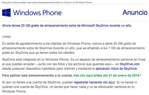 Imagen - Windows Phone está regalando 20 Gb en SkyDrive durante un año
