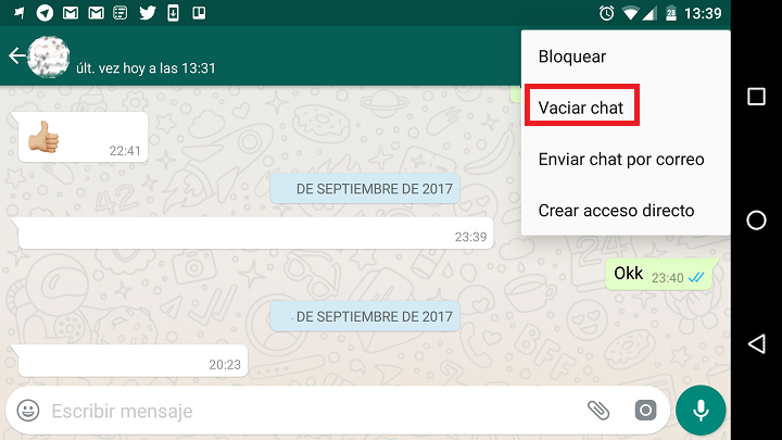 Imagen - ¿Es lo mismo &quot;vaciar chat&quot; que &quot;eliminar conversación&quot; en WhatsApp?