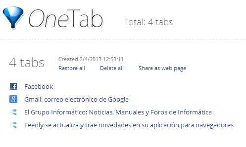 Imagen - Onetab, extensión para condensar nuestras pestañas de Chrome en una sola