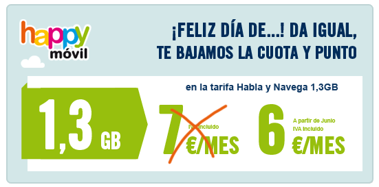 Imagen - Happy M&oacute;vil rebaja la tarifa Habla y Navega 1,3 Gb a 6 euros