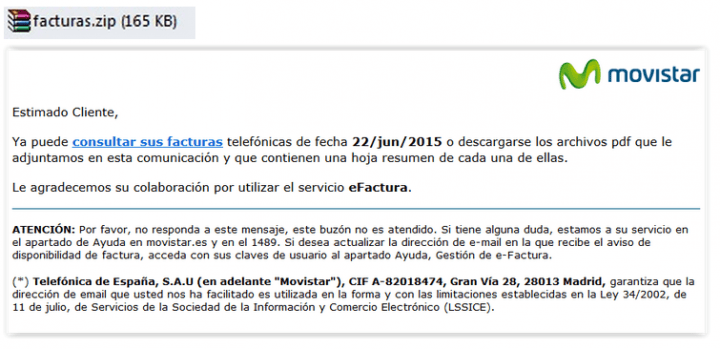 Imagen - Una falsa factura de Movistar llega por email y te infecta con un virus