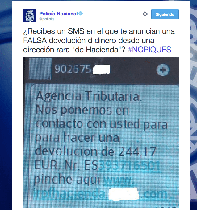 Imagen - Cuidado con el SMS de Hacienda sobre una devolución