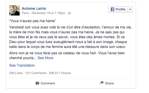 Imagen - Un hombre desaf&iacute;a a los terroristas que asesinaron a su mujer en Par&iacute;s y se hace viral
