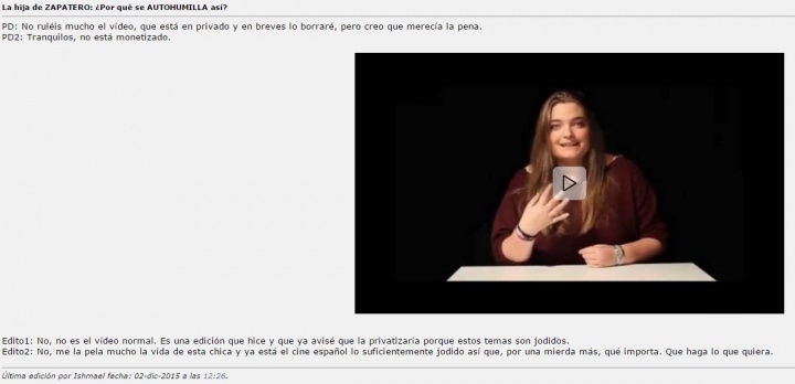 Imagen - La hija de Zapatero se hace youtuber y Forocoches hace que borre el v&iacute;deo