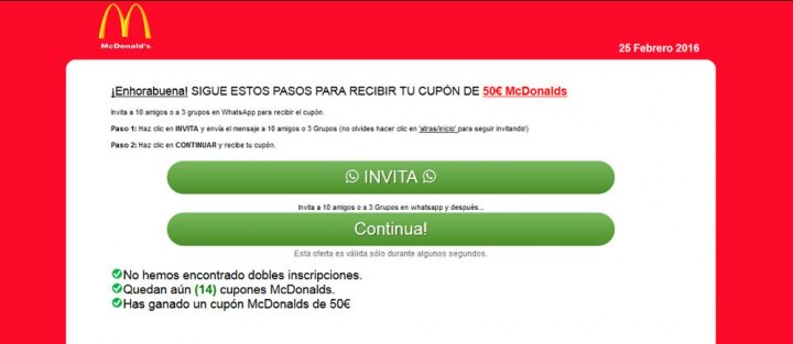 Imagen - Cuidado con el vale para McDonald's que circula por WhatsApp