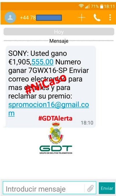 Imagen - ¿Recibes un SMS de Sony notificándote un premio de 1.905.555€? Es una estafa