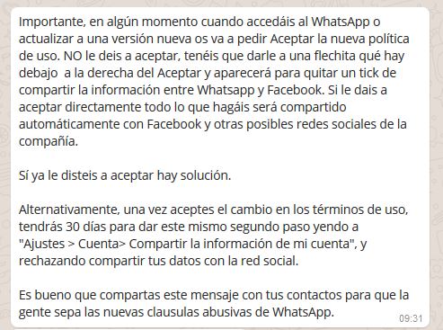 Imagen - Una cadena de WhatsApp advierte la nueva pol&iacute;tica de uso