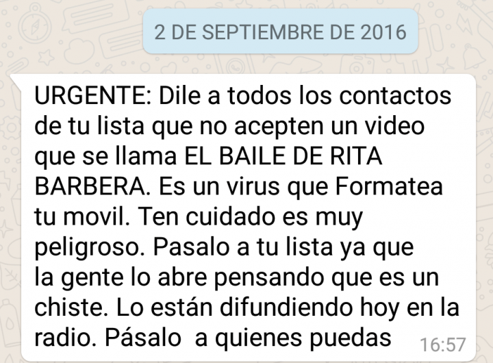 Imagen - Una cadena de WhatsApp alerta de un virus en un v&iacute;deo llamado "el baile de Rita Barbera"