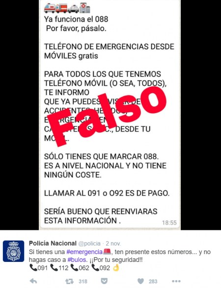 Imagen - Un nuevo bulo de WhatsApp anuncia el 088 como teléfono de emergencias