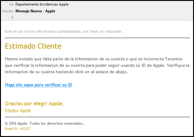 Imagen - Nuevo correo falso se hace pasar por Apple para robarte tu tarjeta de cr&eacute;dito