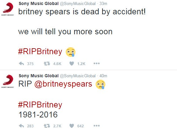 Imagen - Hackean las cuentas de Twitter de Sony Music y Bob Dylan para "matar" a Britney Spears