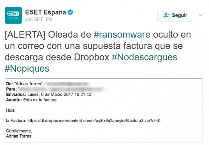 Imagen - Circula un nuevo correo que contiene un enlace a Dropbox de una factura falsa