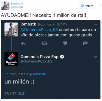 Imagen - Domino's Pizza cancela el reto: pizzas gratis si consigue 1 mill&oacute;n de RTs