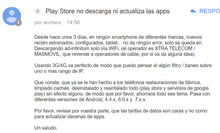 Imagen - Un fallo en MásMóvil impide actualizar o descargar apps de Google Play