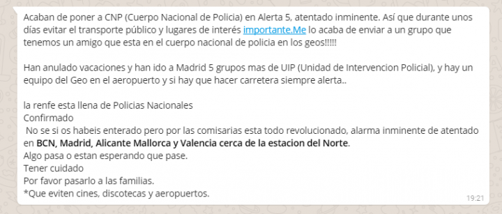 Imagen - &quot;Alerta 5, atentado inminente&quot; en Madrid y Barcelona, cuidado con este bulo de WhatsApp