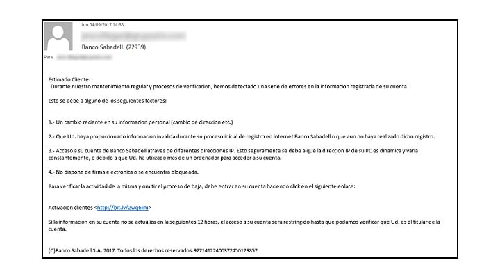 Imagen - Un falso correo del Banco Sabadell intenta robar tu contraseña