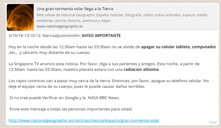 Imagen - Cuidado con la cadena de WhatsApp sobre una tormenta solar que llega a la Tierra