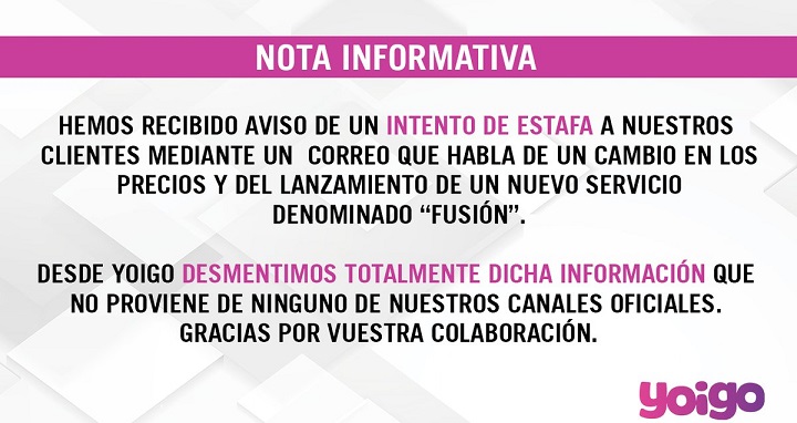 Imagen - Cuidado con los correos sobre el falso &quot;Fusión&quot; de Yoigo