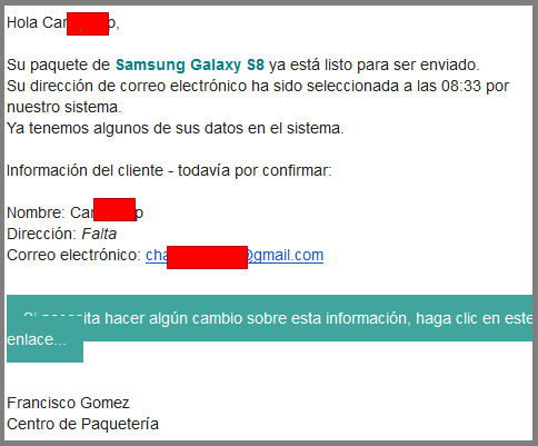 Imagen - Un email pide confirmar un paquete con un Samsung Galaxy, ¿es fiable?