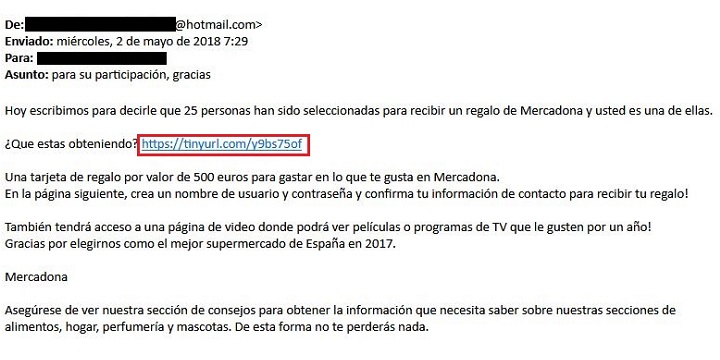 Imagen - Un falso correo de Mercadona que ofrece cheques regalo puede robarte los datos bancarios