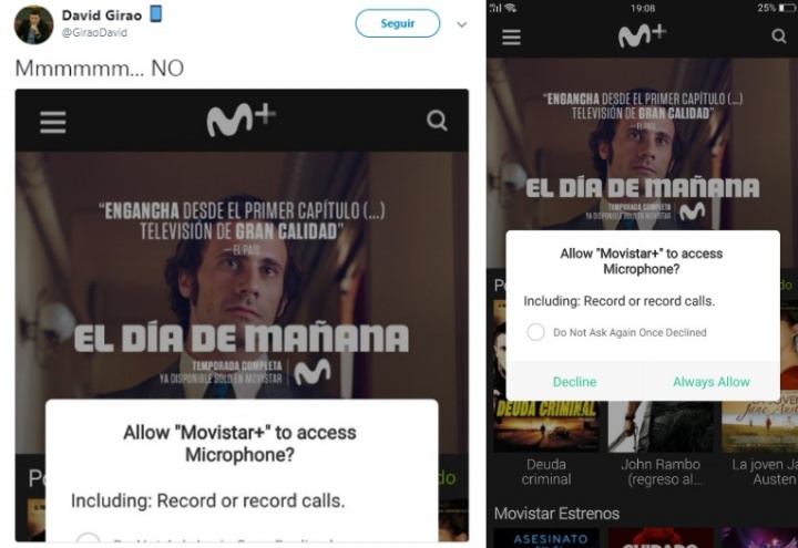 Imagen - La app de Movistar+ pide acceder al micrófono del teléfono para grabar llamadas