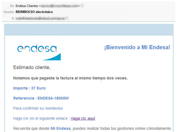 Imagen - Cuidado con el correo de Endesa y un supuesto reembolso de 37 euros
