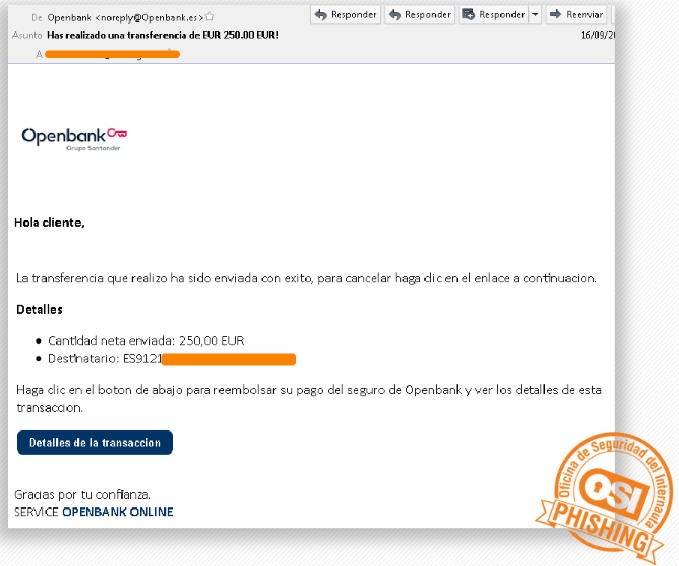 Imagen - Cuidado con el correo de Openbank &quot;Has realizado una transferencia de 250 euros&quot;