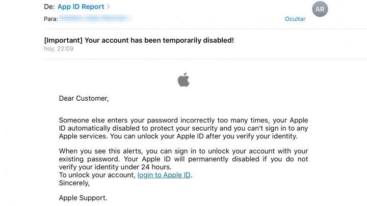 Imagen - Cuidado con el email sobre que tu cuenta Apple ID ha sido deshabilitada