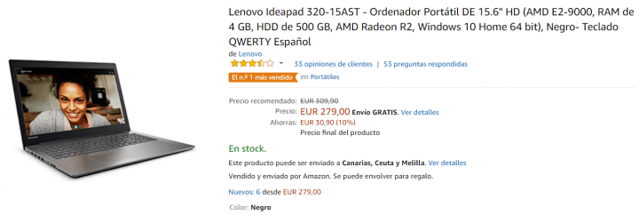 Imagen - Oferta: port&aacute;til Lenovo Ideapad de 15,6 pulgadas por solo 279 euros