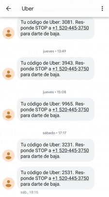 Imagen - Cuidado con &quot;Tu código Uber. Si no lo has solicitado, responde STOP al +1 520-445-3750&quot;