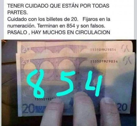 Imagen - Falsos billetes de 20 euros que terminan en 854: cuidado con el bulo de WhatsApp