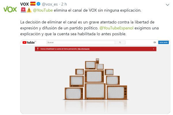 Imagen - YouTube cierra el canal de Vox