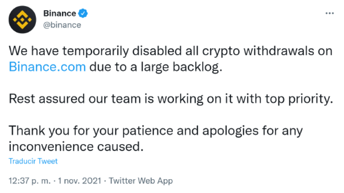 Imagen - Binance suspendi&oacute; la retirada de Bitcoin por una incidencia