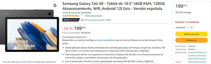 Imagen - No gastes más: compra la Samsung Galaxy Tab A8 de 10&quot; con 128 GB por 110 euros menos