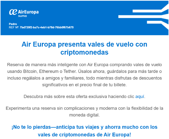 Imagen - &quot;Vales de vuelo con criptomonedas&quot;: la peligrosa estafa contra Air Europa