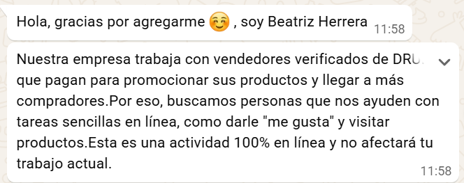 Imagen - "Gana dinero promocionando a Druni". Mucho cuidado si te llega esta propuesta en WhatsApp