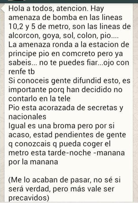 Imagen - Una cadena de WhatsApp alerta de la colocaci&oacute;n de bombas en Madrid